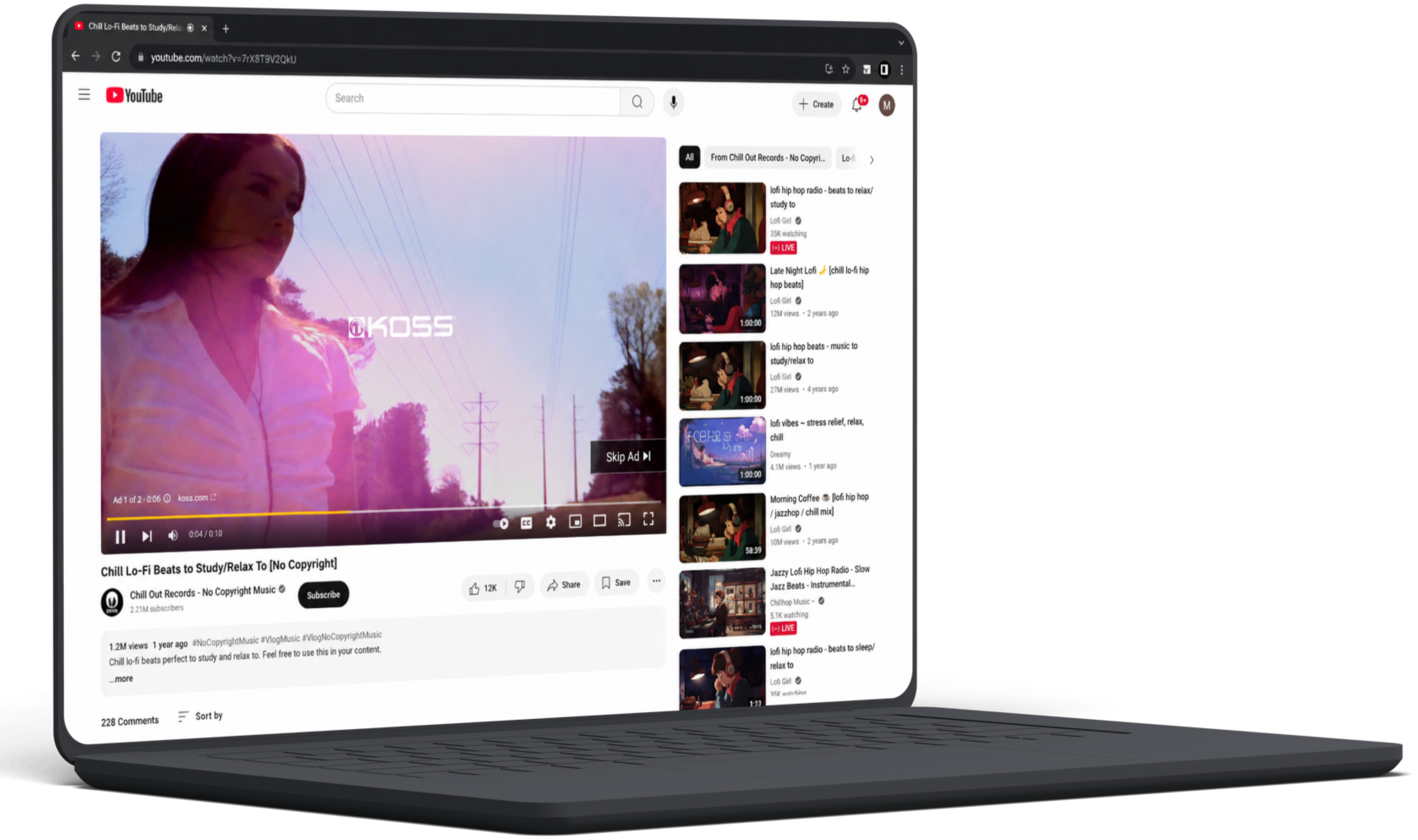 Koss YouTube video advertisement displayed on a laptop